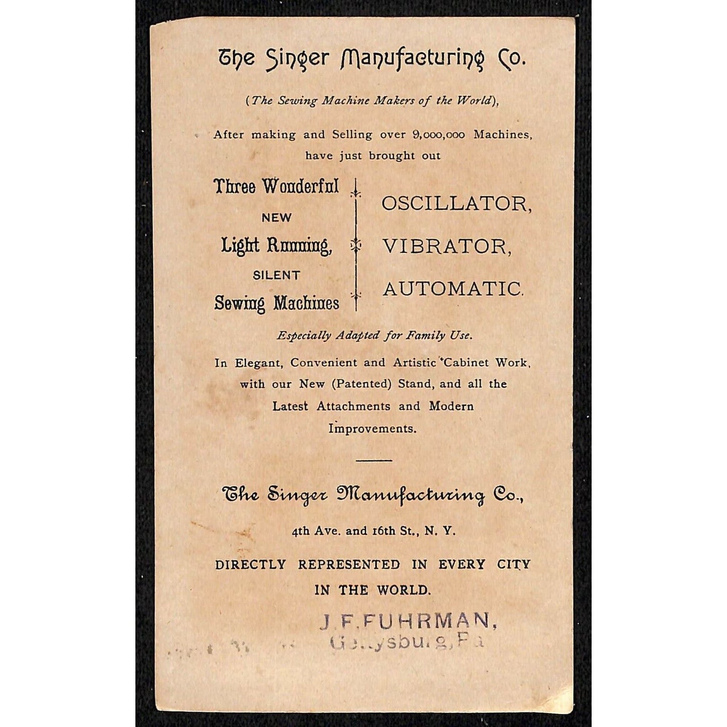 1880-90's Victorian Trade Card Singer Sewing Kids J.F. Fuhrman Gettysburg, PA