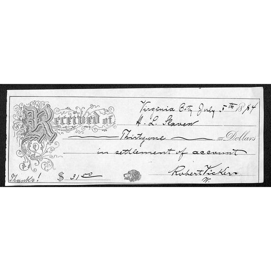 Virginia City Montana 1884 $31 Payment Receipt - Nice Hand Writing