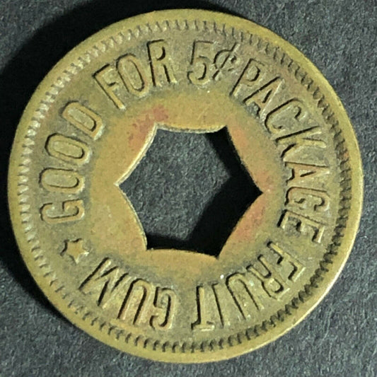 "Good For 5c Package Fruit Gum" Token (Watling Mfg. Chicago) Hexagon Cut 21.3mm