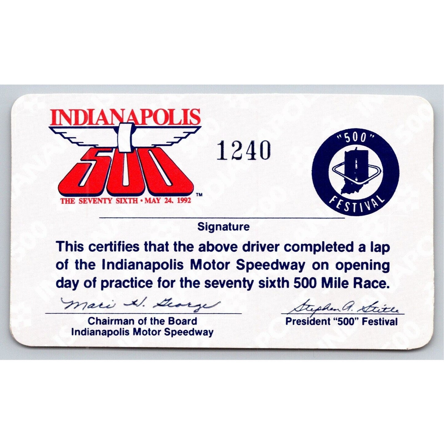 1992 Indy 500 Lap Completion Card Indianapolis IMS VGC #1240