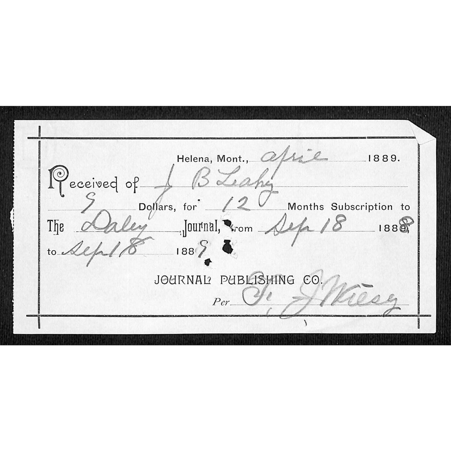 Helena Montana 1889 Journal Publishing Co, Subscription Receipt / Billhead