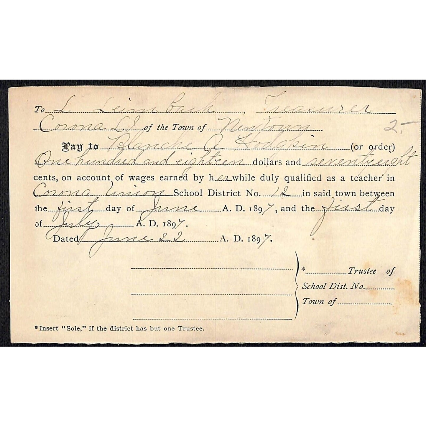 Corona, NY 1892 Teacher's "Wages Earned" Payment Receipt / Billhead