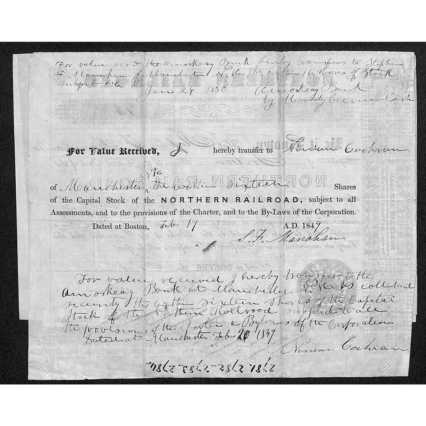1850 Northern Railroad Stock Certificate w/ Power Attorney Doc. & ALS Transfer