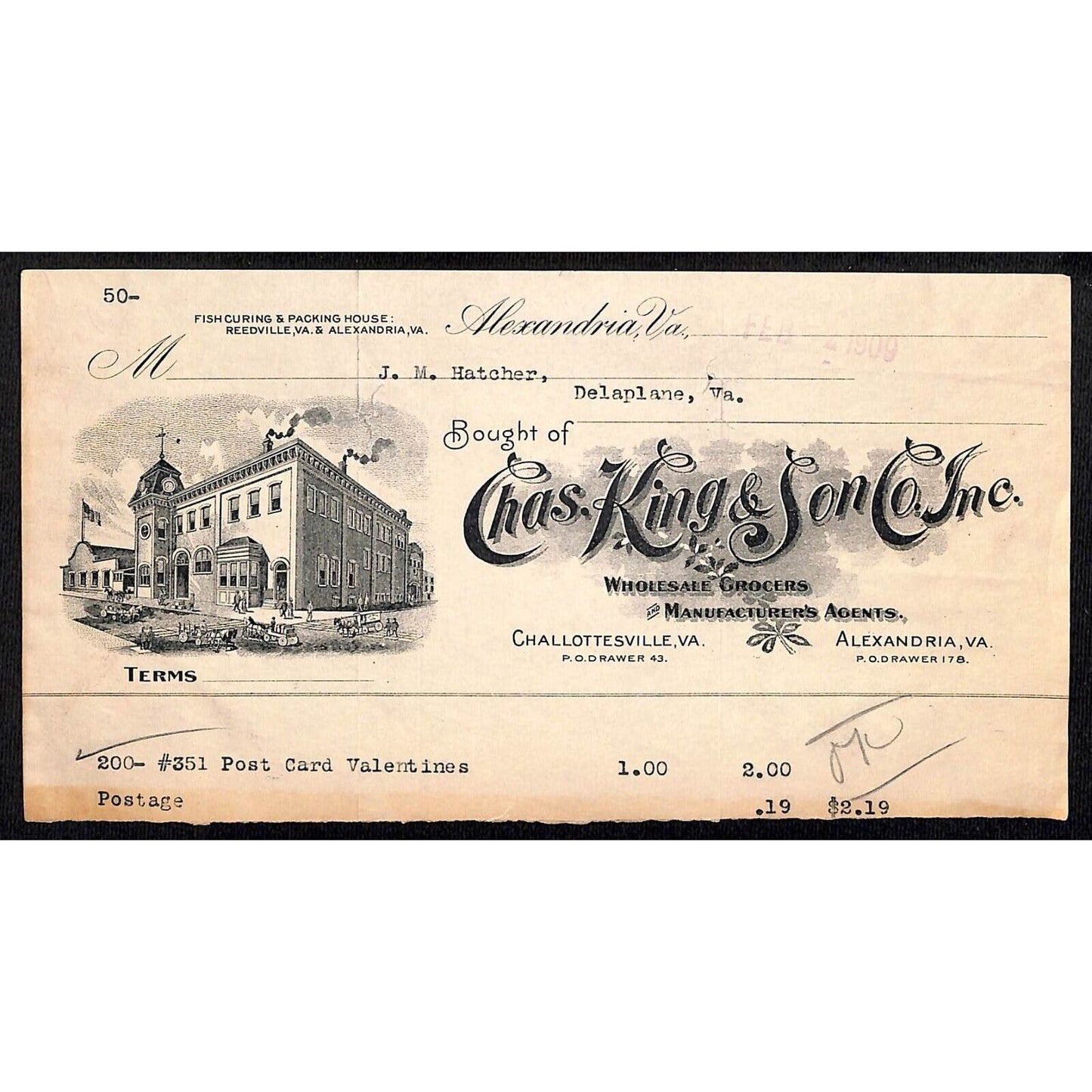 Alexandria, VA Chas. King & Son Co. Grocers 1909 Billhead - Vignette
