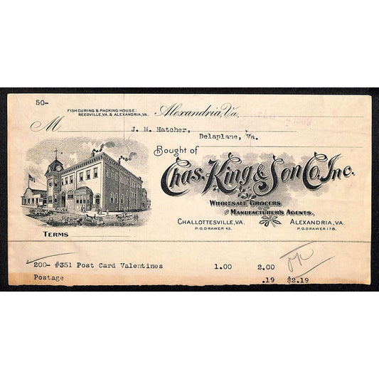 Alexandria, VA Chas. King & Son Co. Grocers 1909 Billhead - Vignette