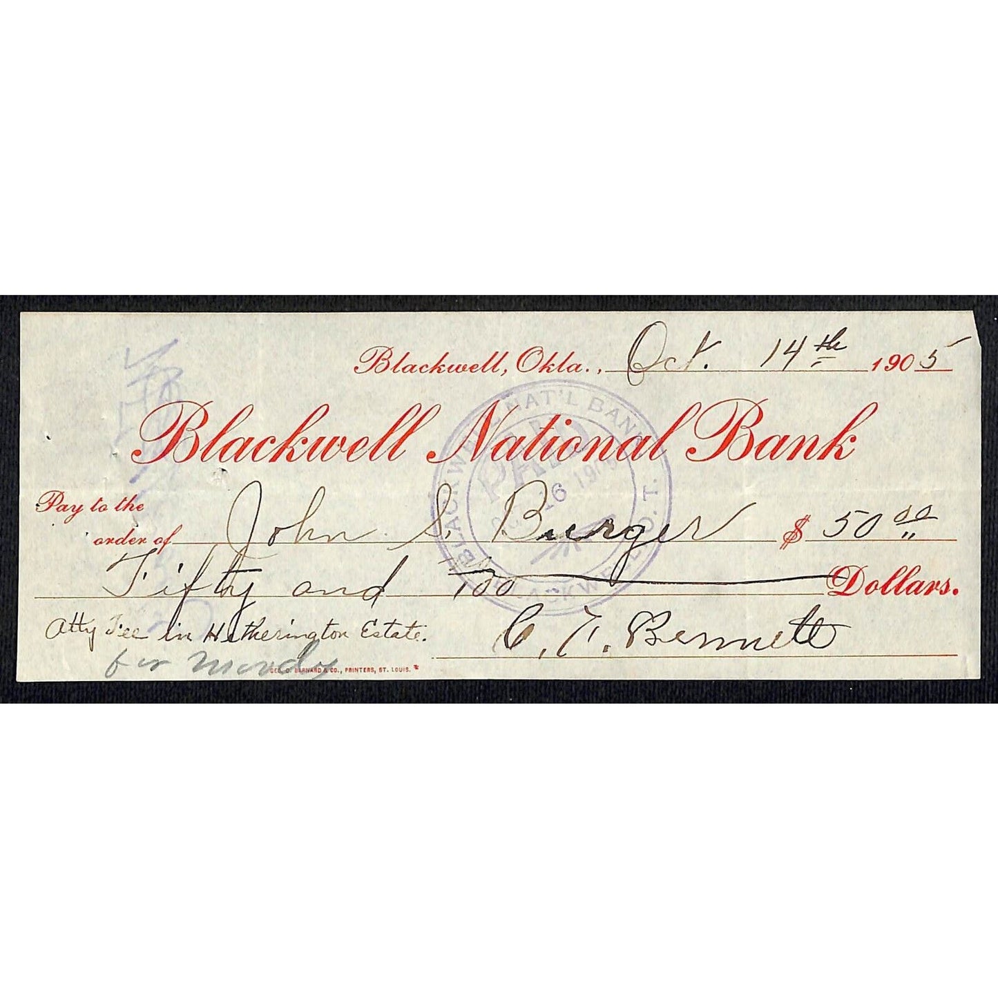 Blackwell, OK 1905 Territorial "Blackwell National Bank" Check - Scarce