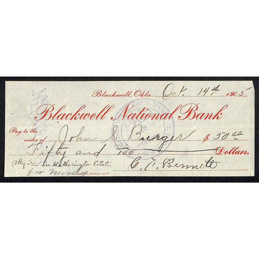 Blackwell, OK 1905 Territorial "Blackwell National Bank" Check - Scarce