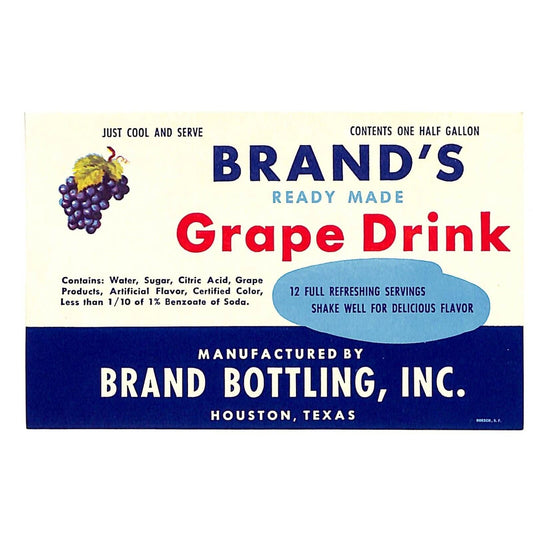 Brand's Grape Drink Houston, TX Paper Soda Label 1950's Scarce