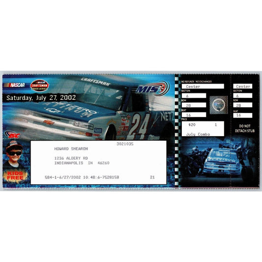 2002 Michigan International Speedway Indy 400 Unused Saturday Ticket - Seat 16
