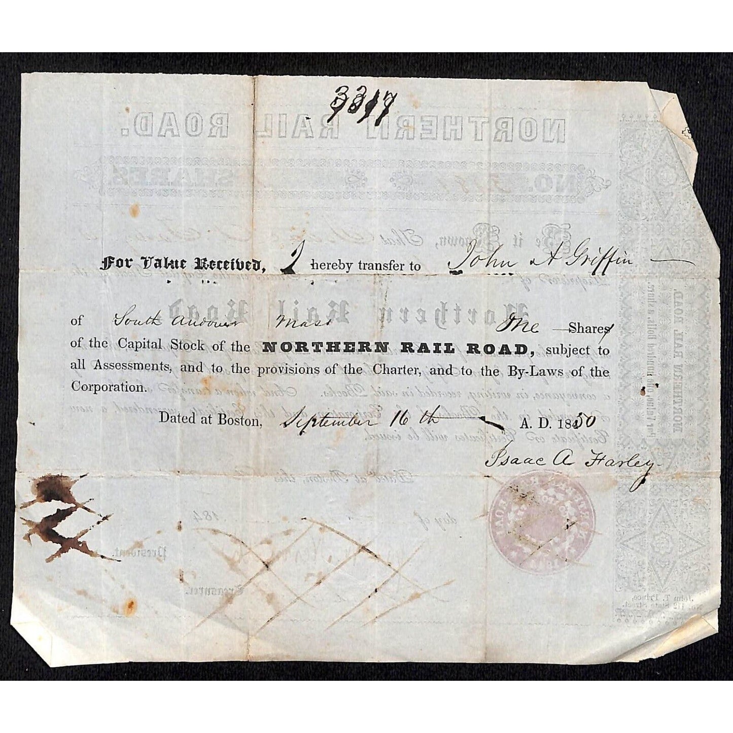 1848 Boston, MA Northern Railroad Stock Certificate No. 3481 for 1 Share