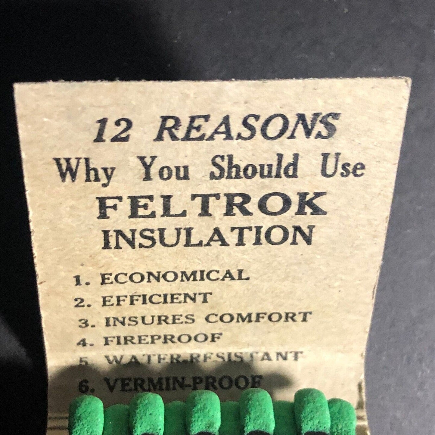 Feltrok Rock Wool Insulation Tacoma Matchbook c1950's Full 20-Strike VGC Scarce