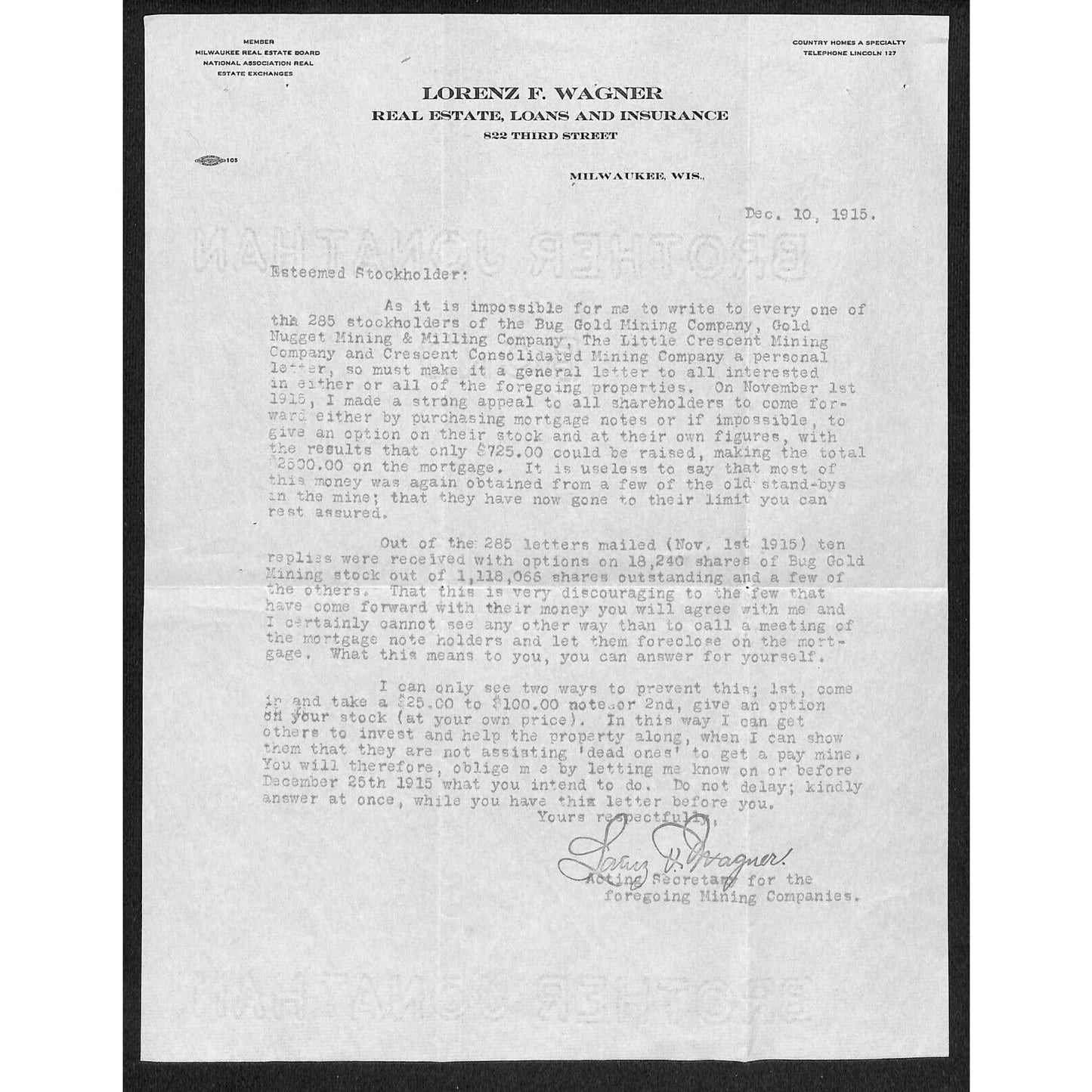 Lorenz F. Wagner 1919 3 Letterheads 1 re: Bug Gold Mining Property Foreclosure