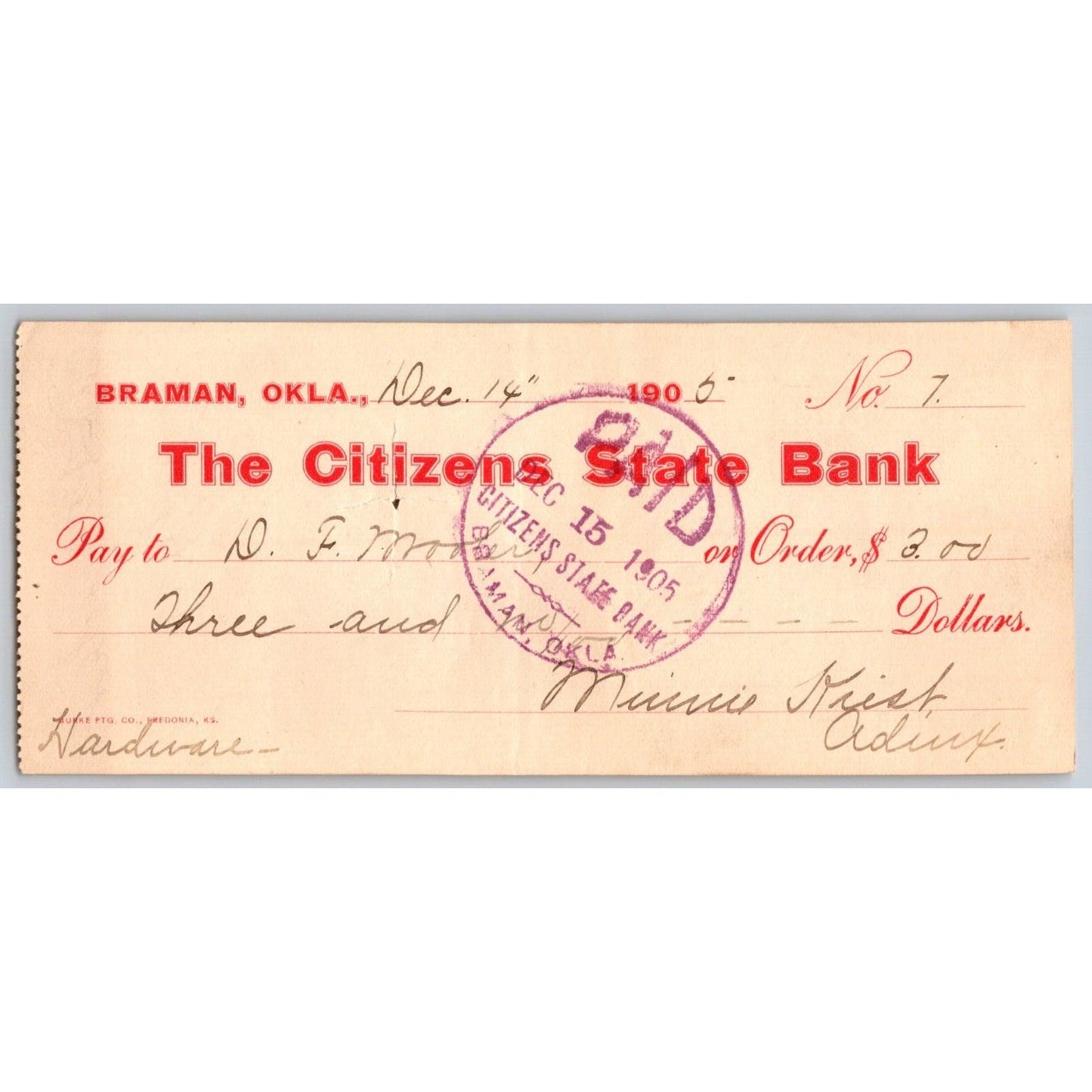 Braman, OK 1905 Territorial Citizens State Bank Check - Scarce