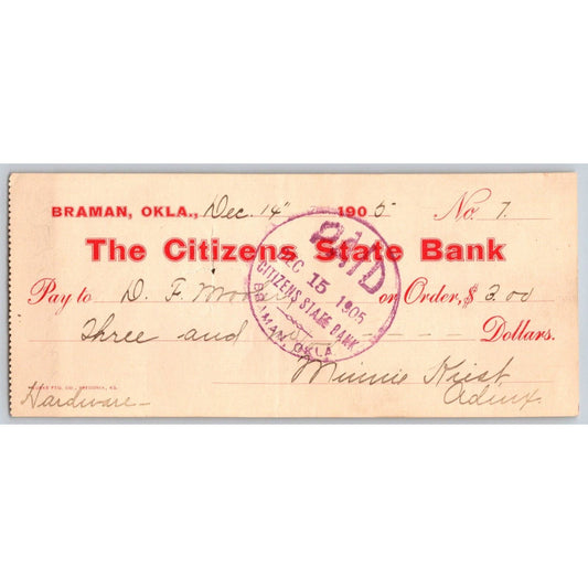 Braman, OK 1905 Territorial Citizens State Bank Check - Scarce