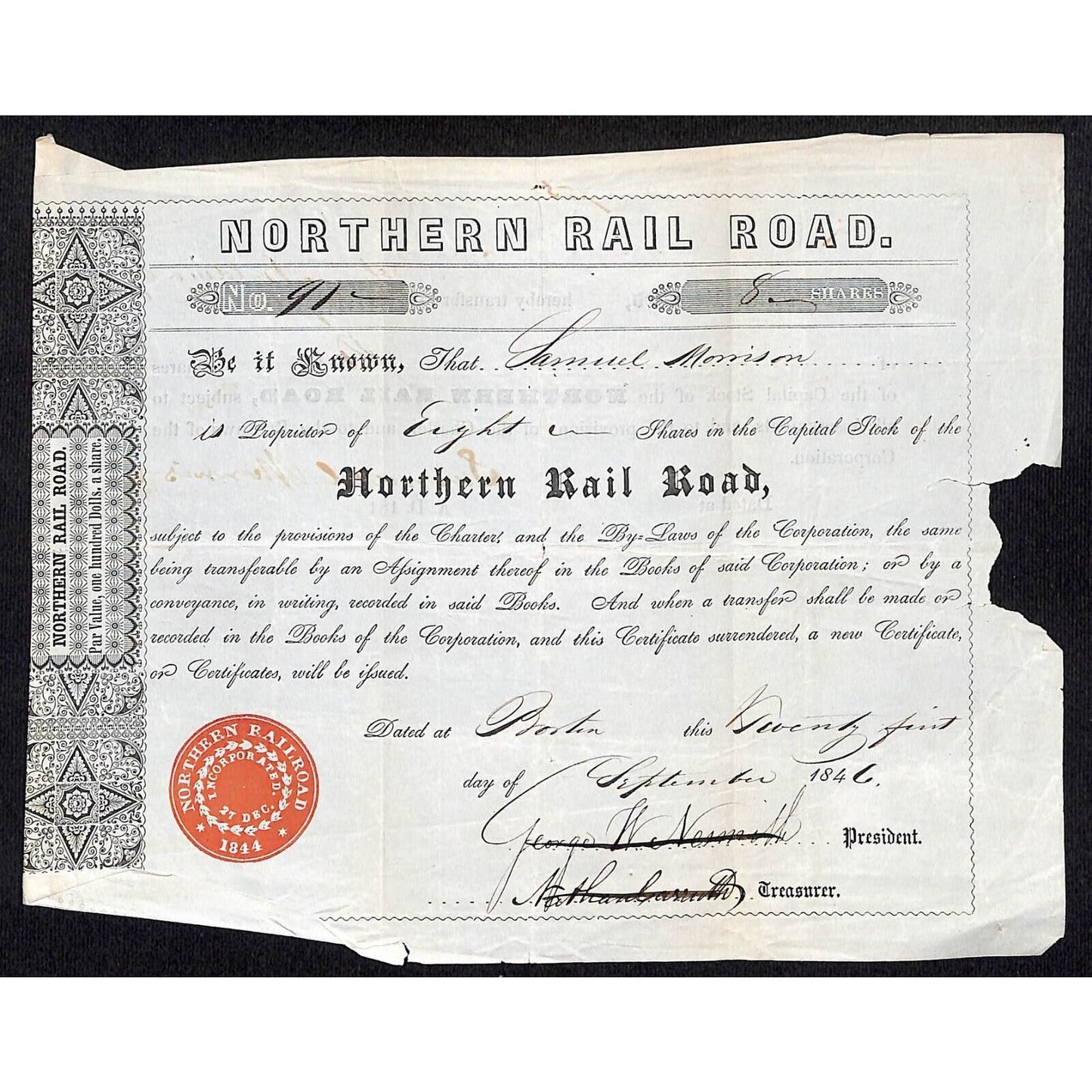 1846 Boston MA Northern Railroad Stock Certificate LOW No. 91 for 8 Shares