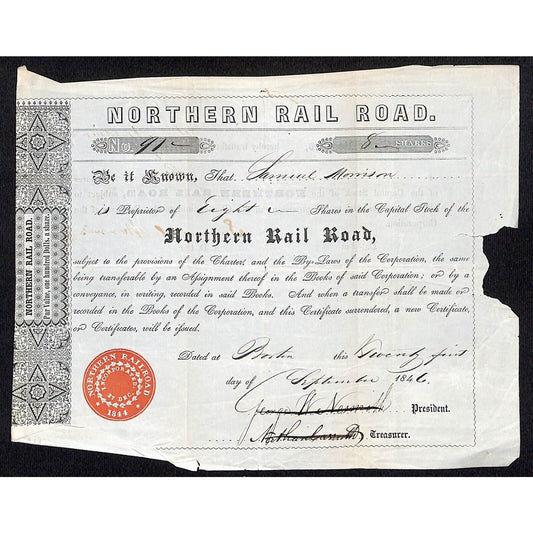 1846 Boston MA Northern Railroad Stock Certificate LOW No. 91 for 8 Shares