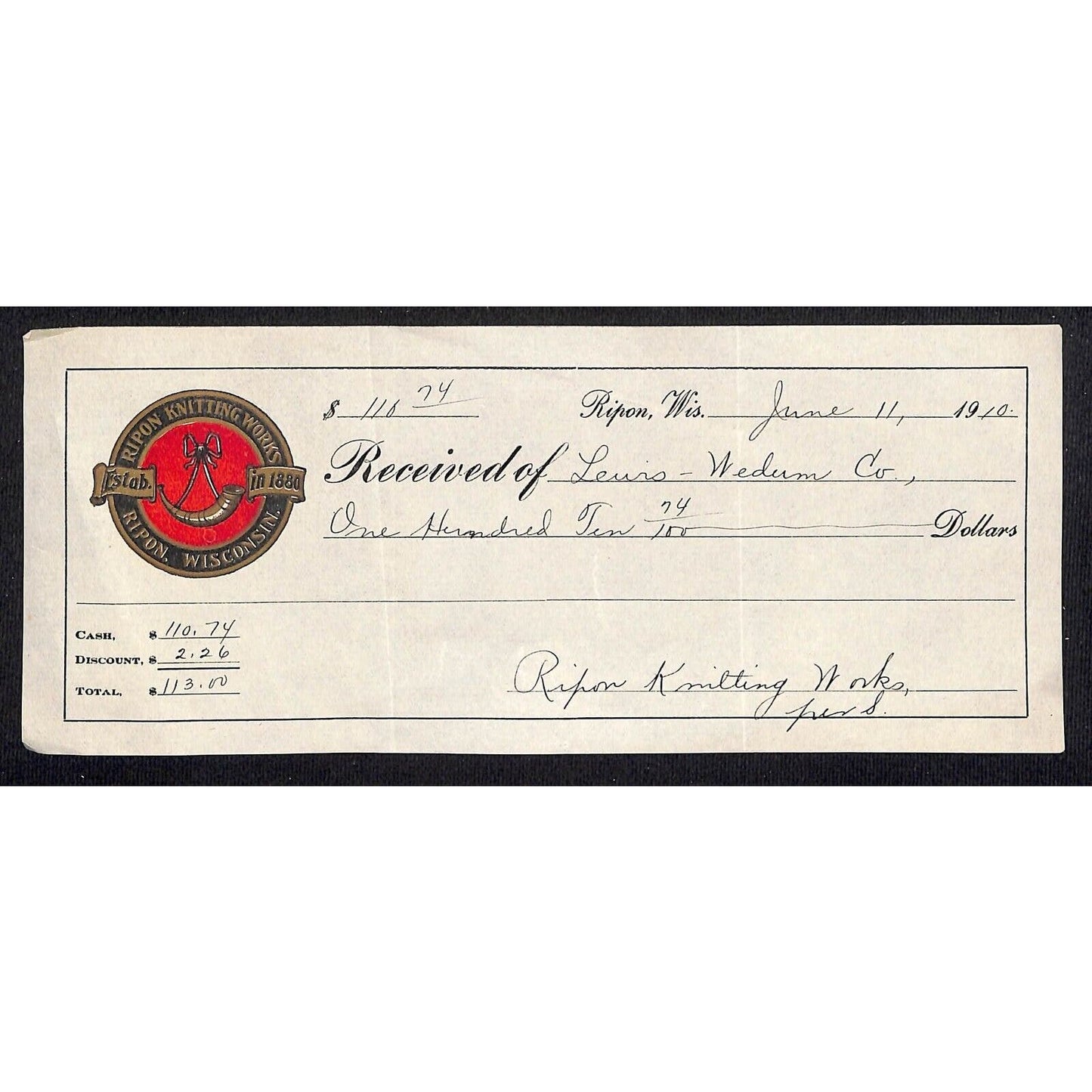 Ripon Knitting Works / Lewis-Wedum Co. Wisconsin 1910 Payment Receipt