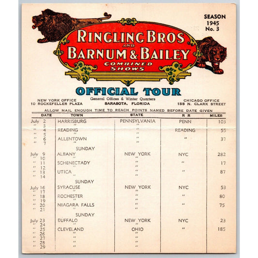 1945 Ringling Bros Barnum & Bailey Circus Route Card Harrisburg Reading Albany