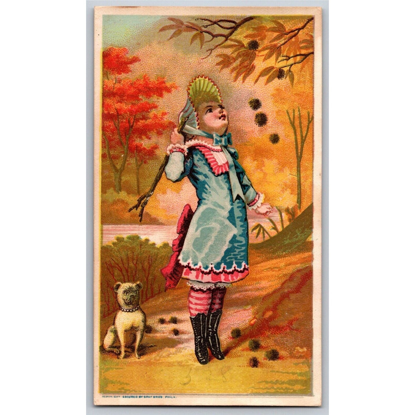 Girl Fall Season Trees Dog Sample / Blank Victorian Trade Card