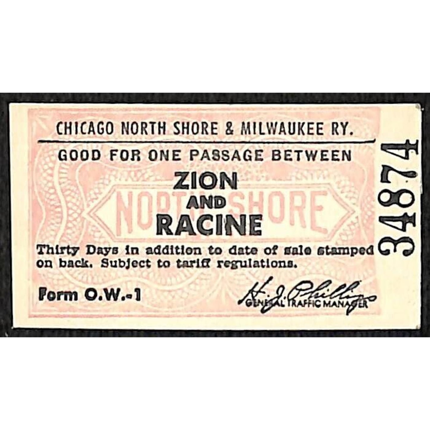 Chicago North Shore & Milwaukee RY c1947-50's Ticket Zion Racine #34874