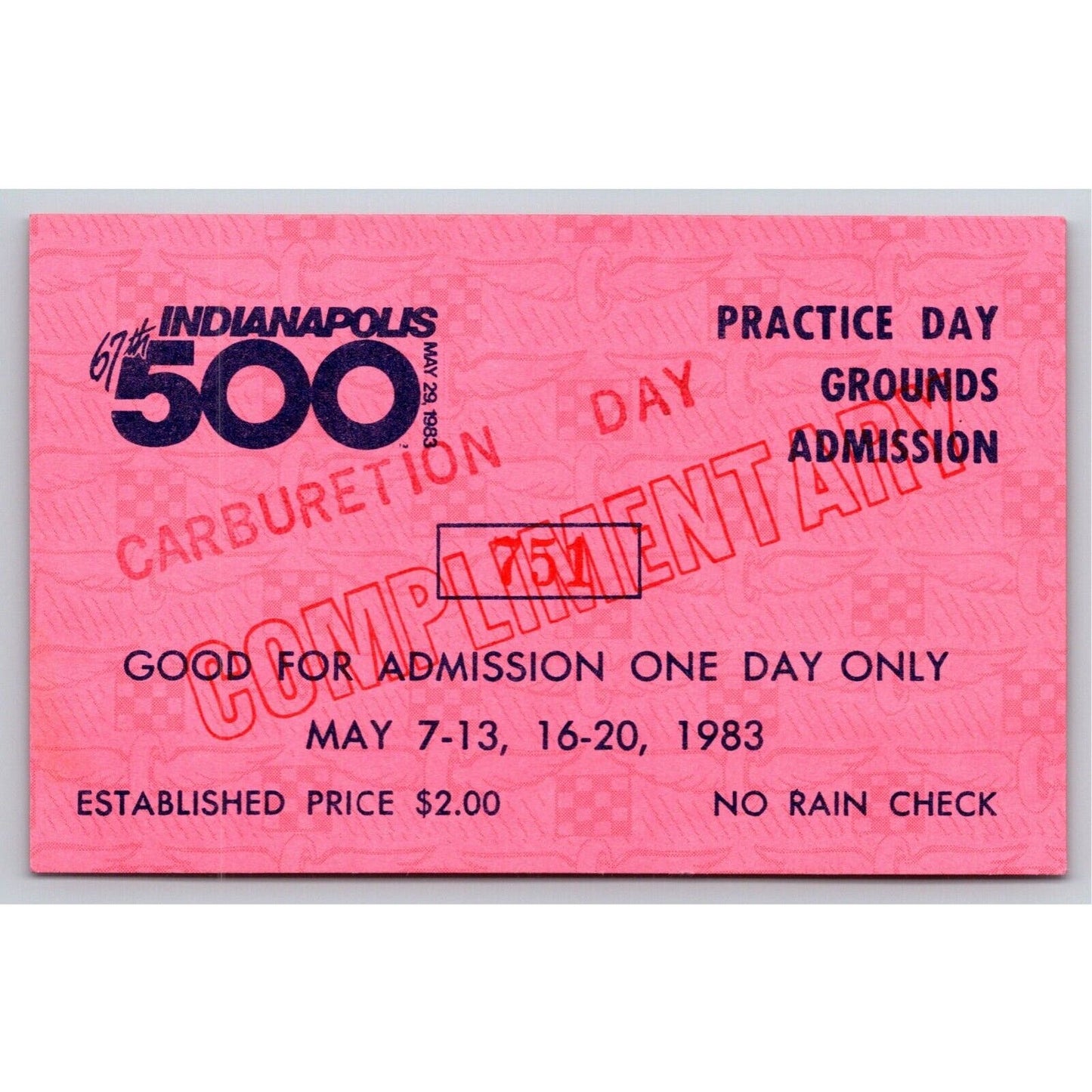 1983 Indy 500 Practice Day Admission Comp Carburetion Ticket Pass Card IMS - VGC