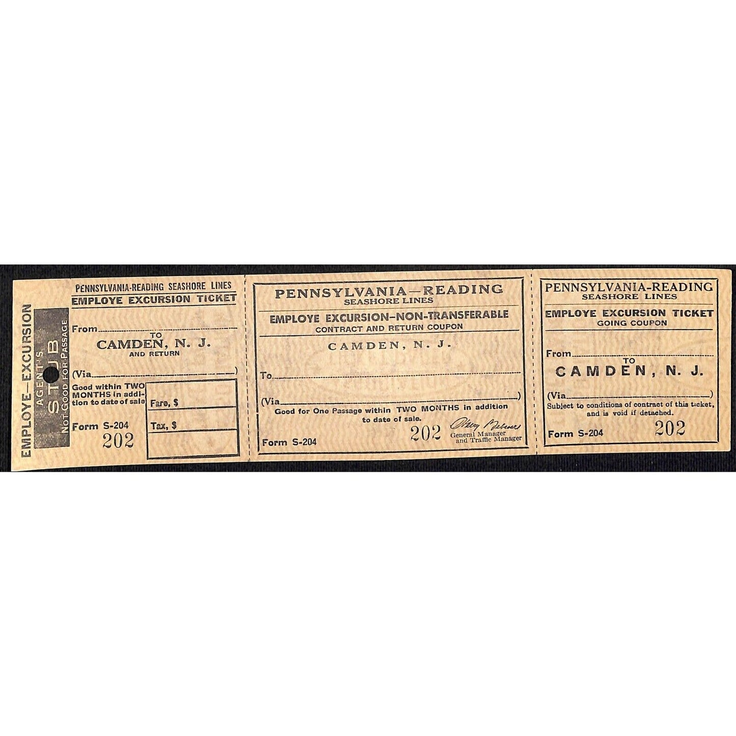 Pennsylvania - Reading RR Seashore Line SAMPLE Employee Excursion Ticket #202