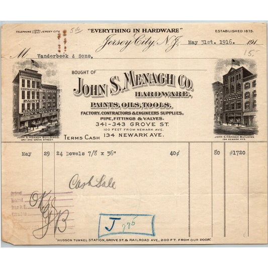 John S. Menagh Co. 1916 Letterhead Jersey City, NJ Hardware Paints Oils Tools