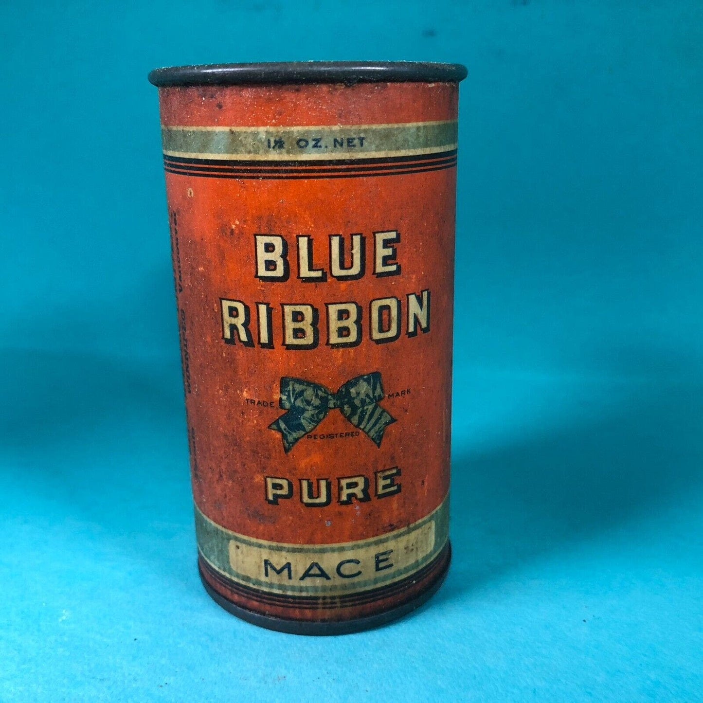 Blue Ribbon Mace Tin Canadian 3"h Fiber Body c1920's-30's Scarce