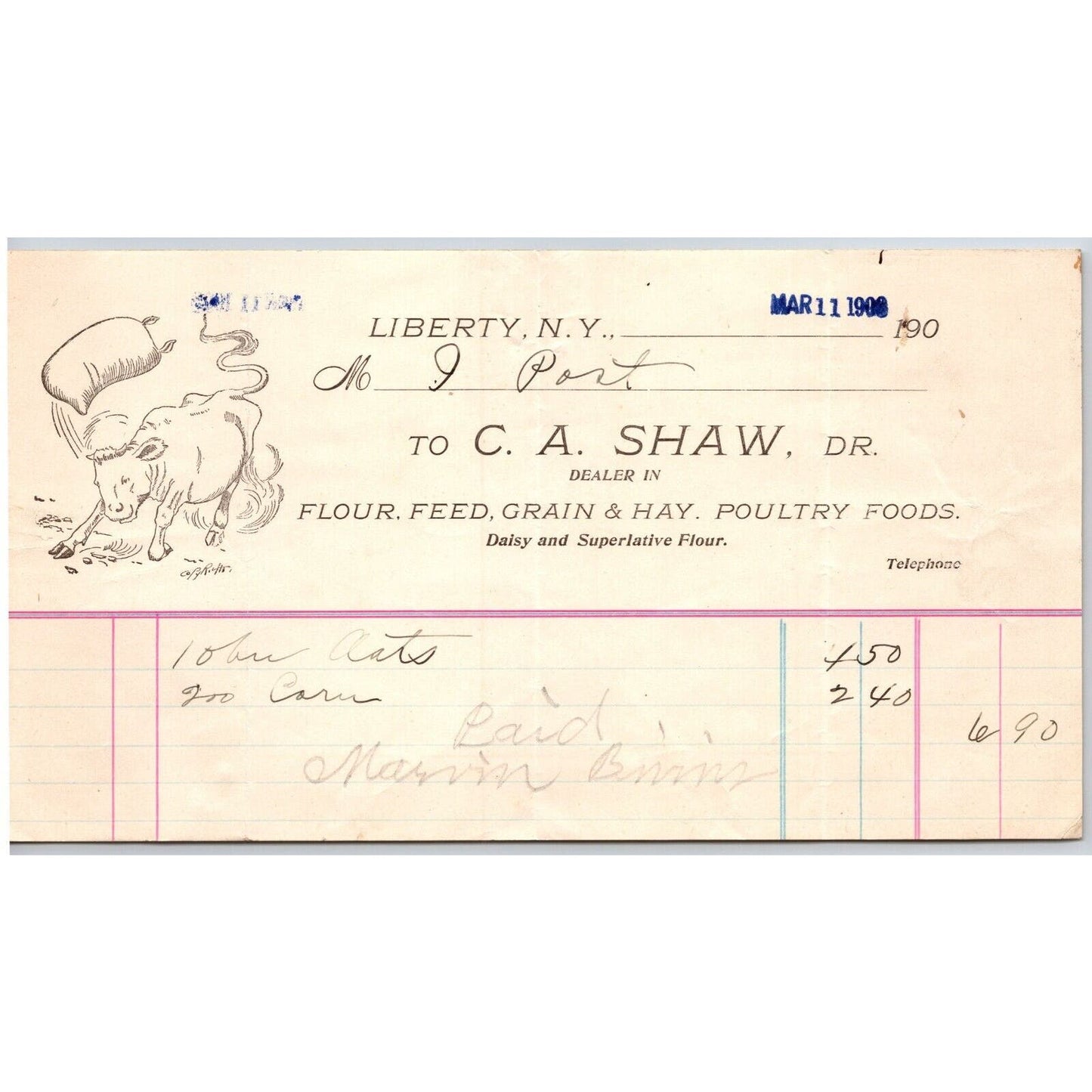 Liberty, NY C.A. Shaw Flour Feed March 1903 Billhead w/ Angry Cow Illustration