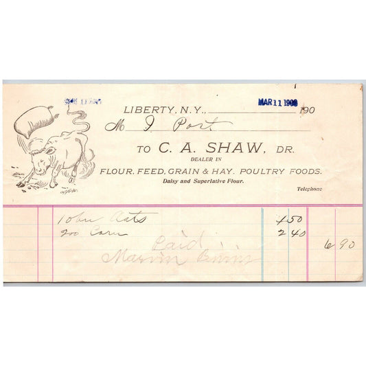 Liberty, NY C.A. Shaw Flour Feed March 1903 Billhead w/ Angry Cow Illustration