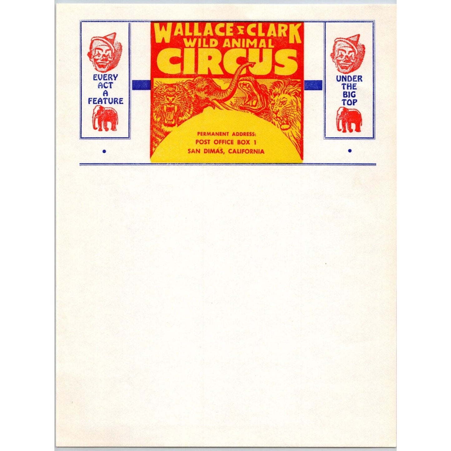 Wallace & Clark Wild Animal Circus Letterhead c1961 San Dimas Scarce