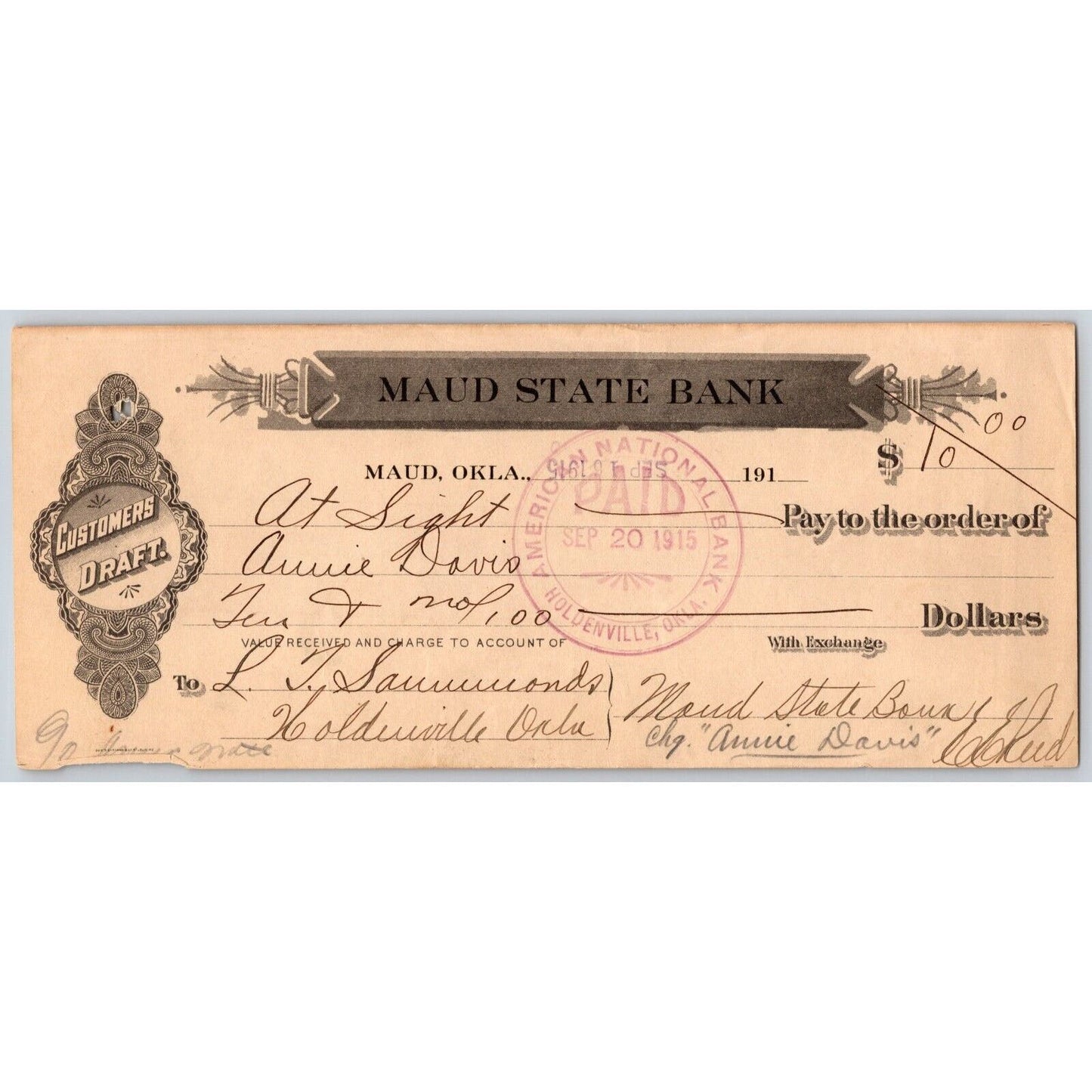 Maud, Oklahoma 1915 $10 Maud State Bank Check - Scarce