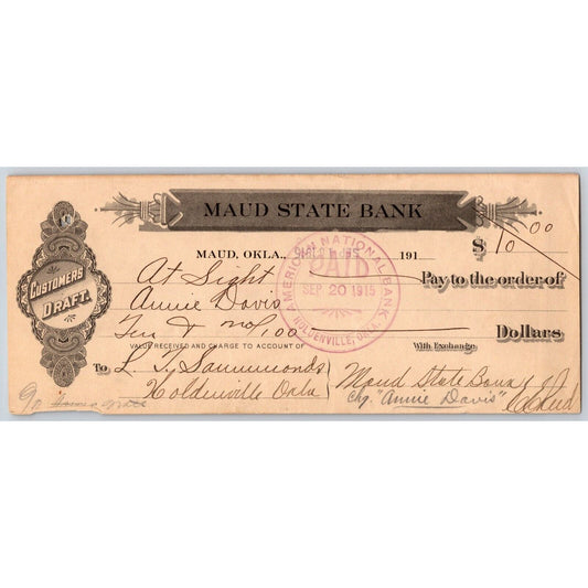 Maud, Oklahoma 1915 $10 Maud State Bank Check - Scarce