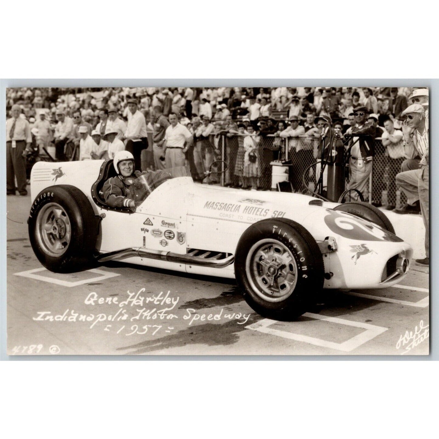 Indy 500 RPPC Postcard "1957 Gene Hartley" Official Race Photo Unposted VGC