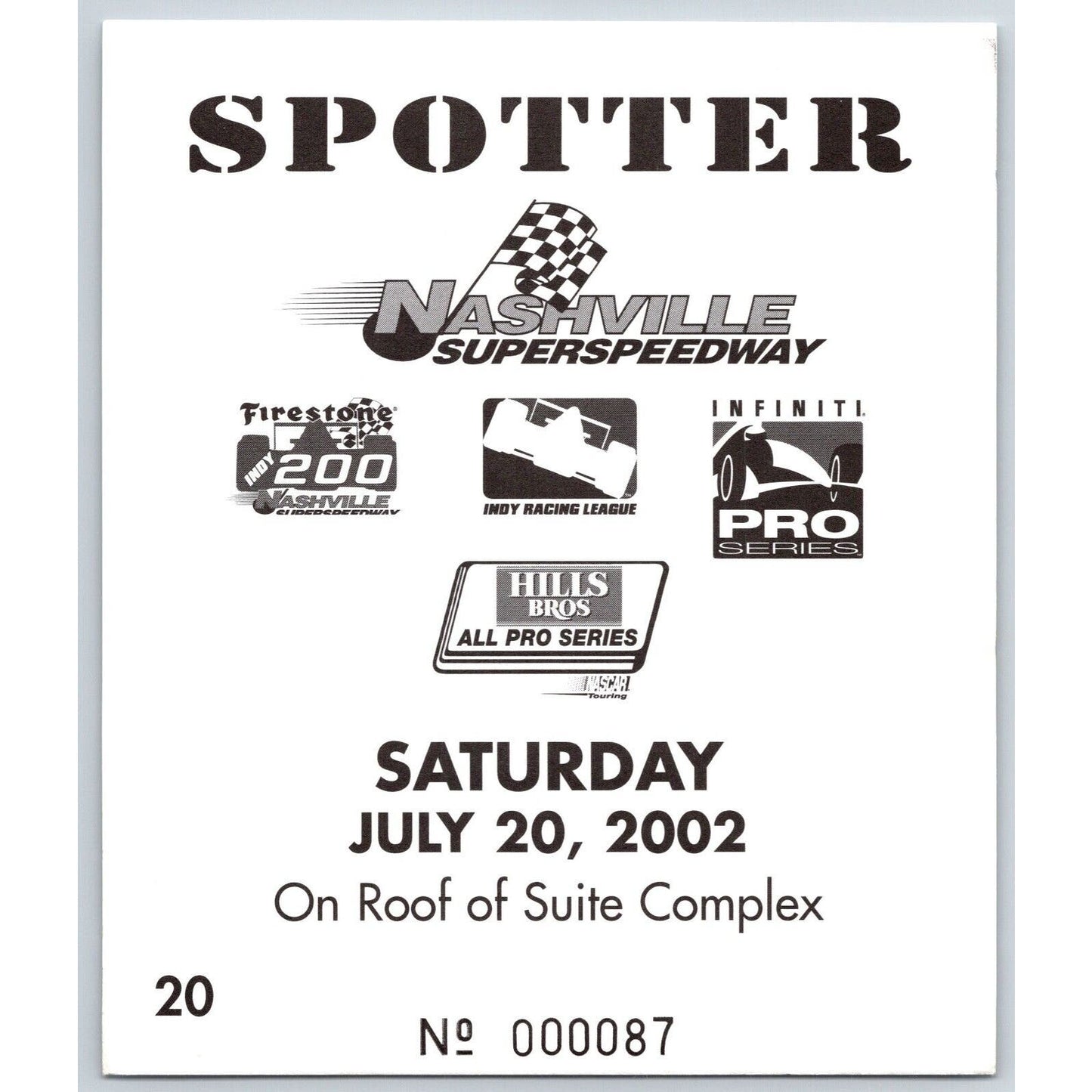 2002 Nashville Superspeedway Spotter ID Card 7/20 #87 Scarce