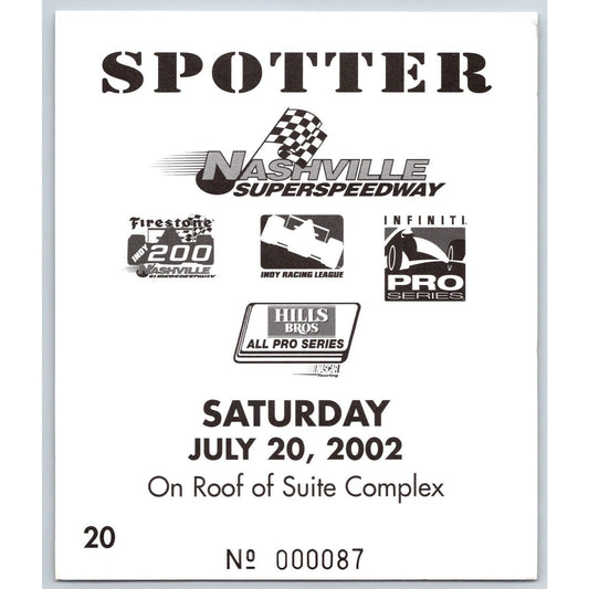2002 Nashville Superspeedway Spotter ID Card 7/20 #87 Scarce