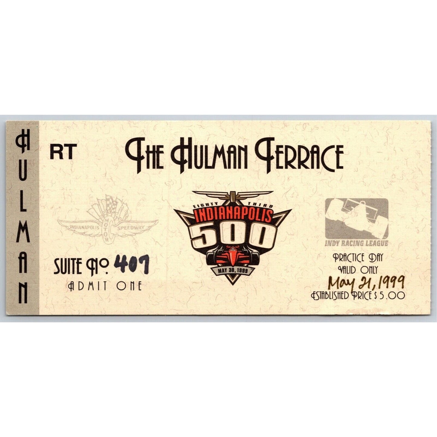 1999 Indy 500 Practice Day Hulman Terrace Ticket Stub Indianapolis - RT