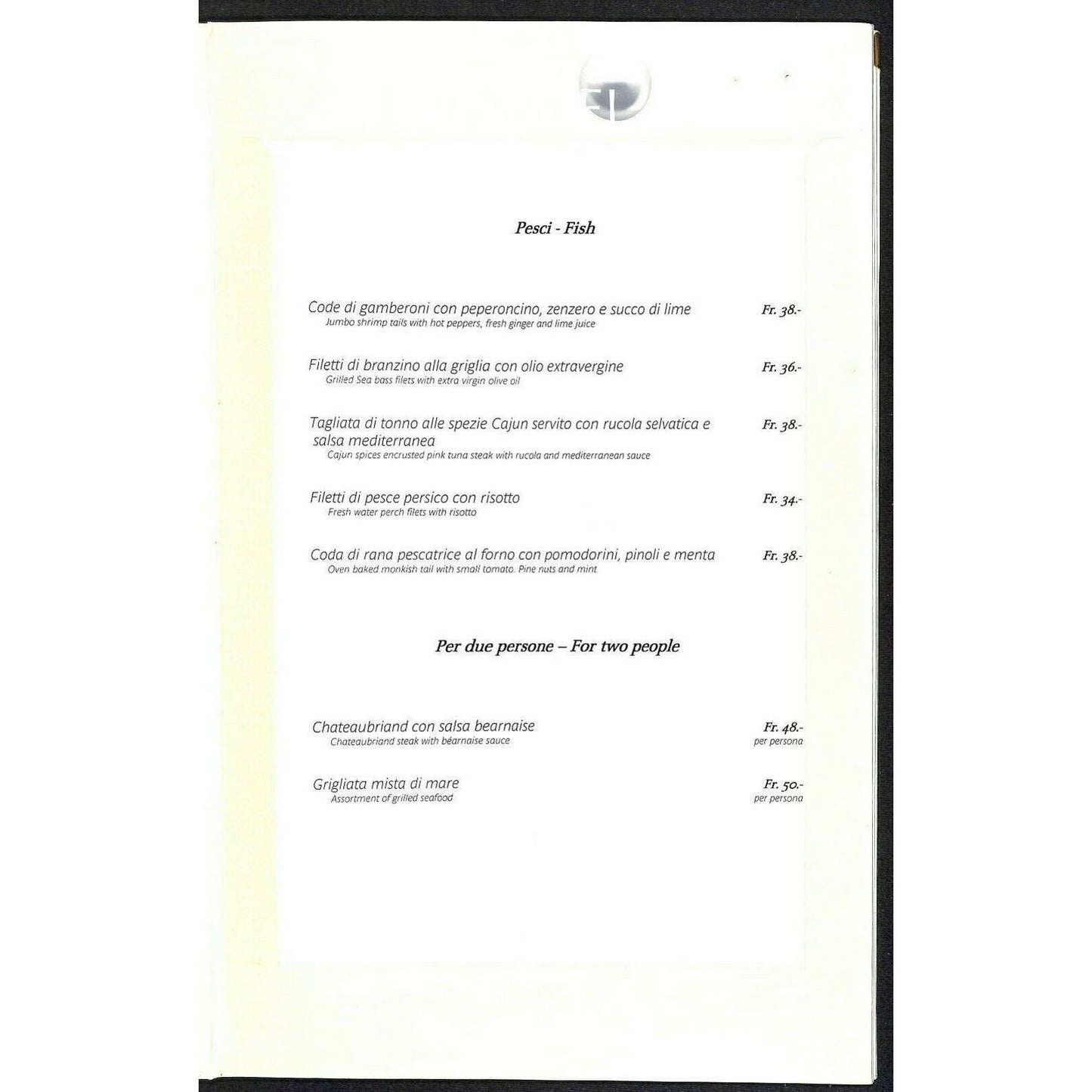 Casinò Lugano Large Stiff Panel Dinner Menu Italian Restaurant Switzerland