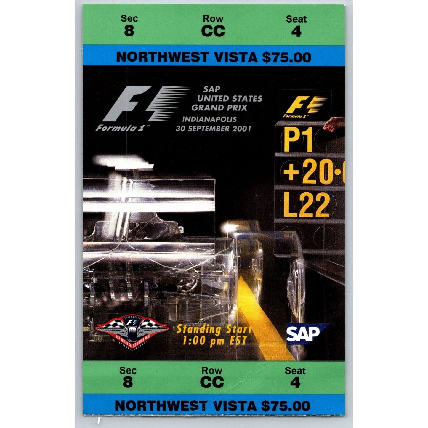 2001 Indianapolis Formula One Grand Prix Racing Ticket Stub 9/30 VGC - Seat 4