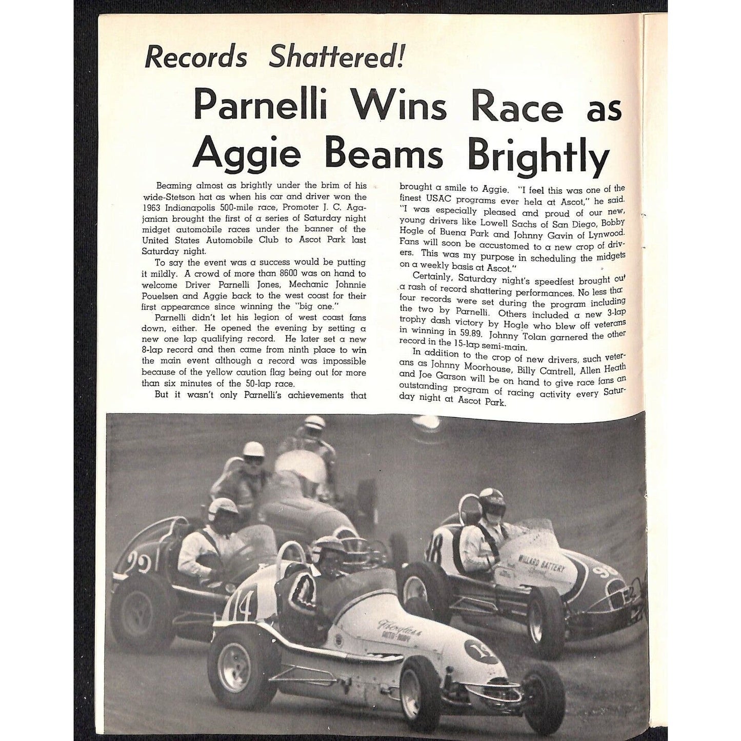 Scarce 6/22 1963 Auto Racing USAC Midget Program Ascot Park Nat. Champ. 24pp