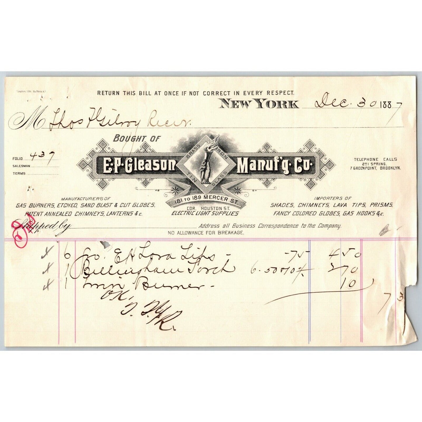 Dec 30 1887 "E. P. Gleason" Cut Glass Globes Billhead Letterhead Mercer St NYC