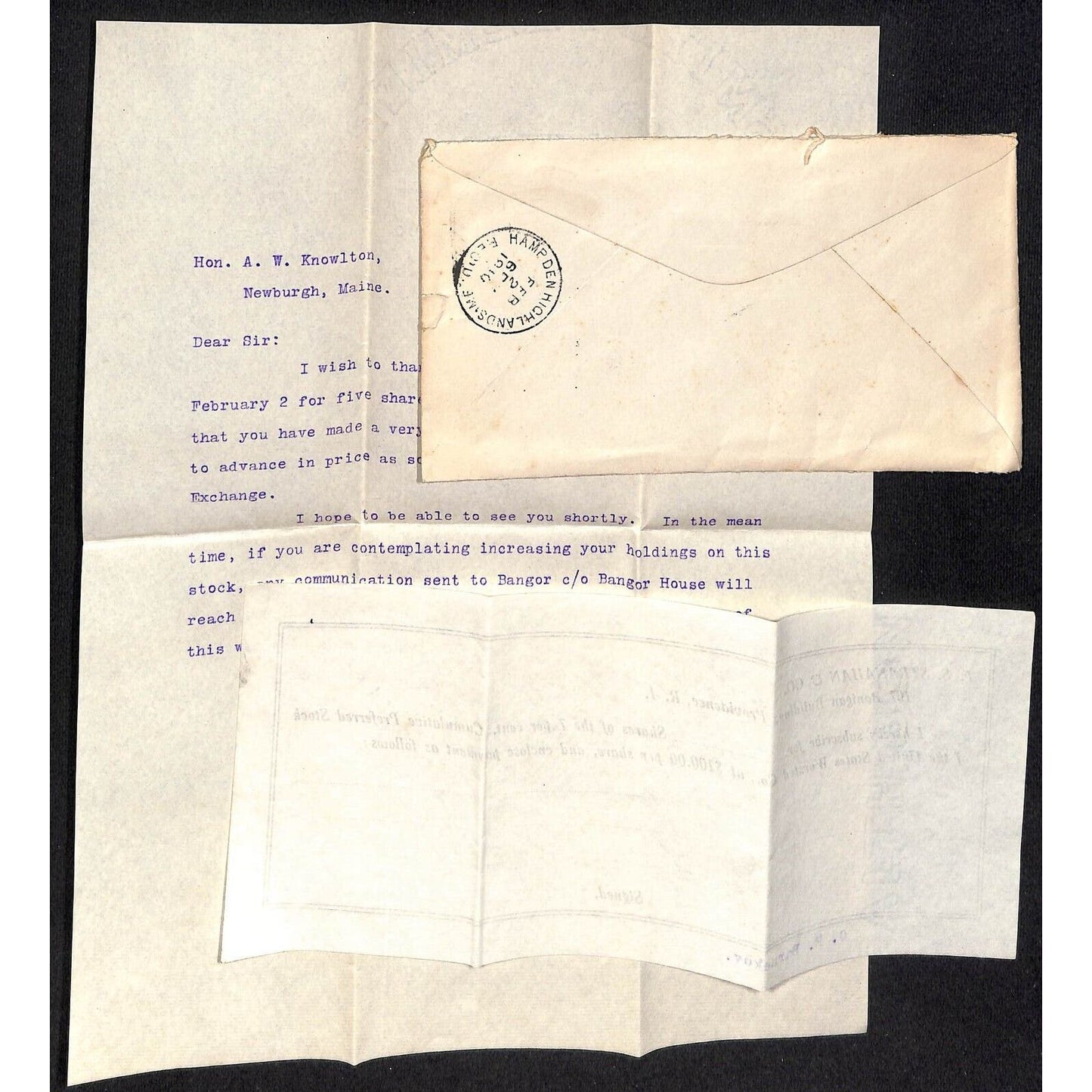 Newburgh, ME Amos W. Knowlton* 1910 Letterhead re: U.S. Worsted Stock w/ Form