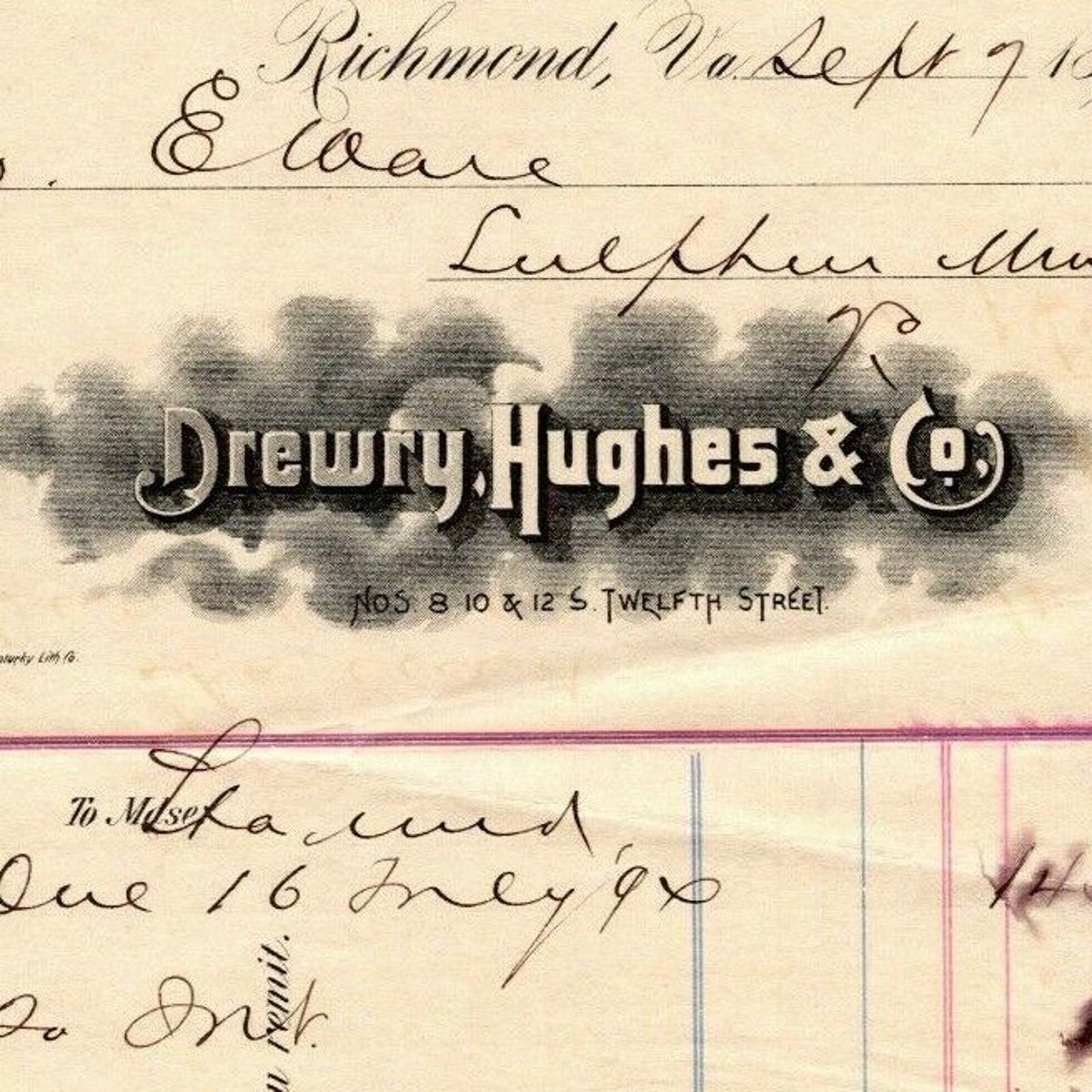 Drewry, Hughes & Co. (Dry Goods) Letterhead Richmond, VA to Geo. E. Wear 1894