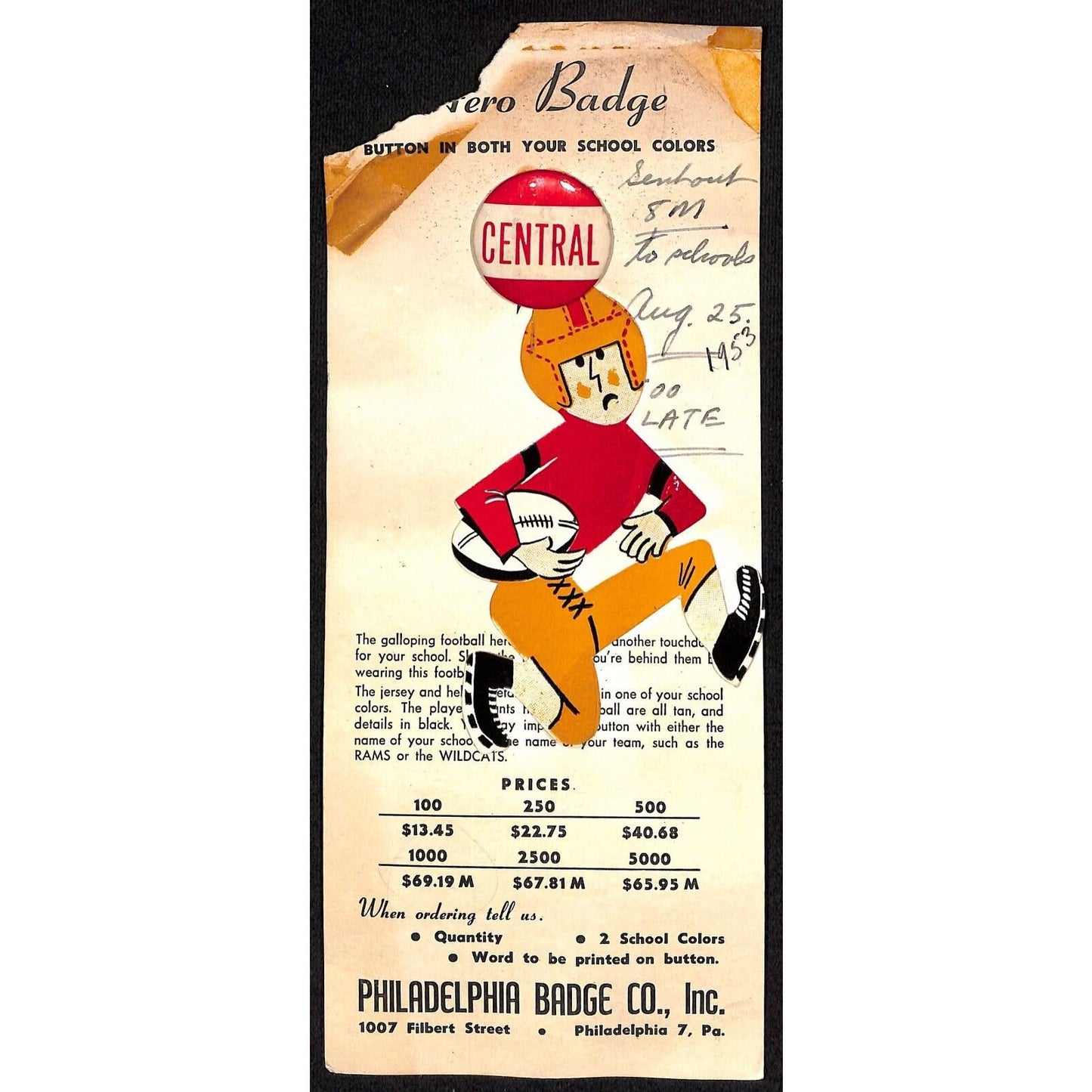 1953 School Football Pinback on Phila. Badge Co. Catalog Salesman's Sample Card
