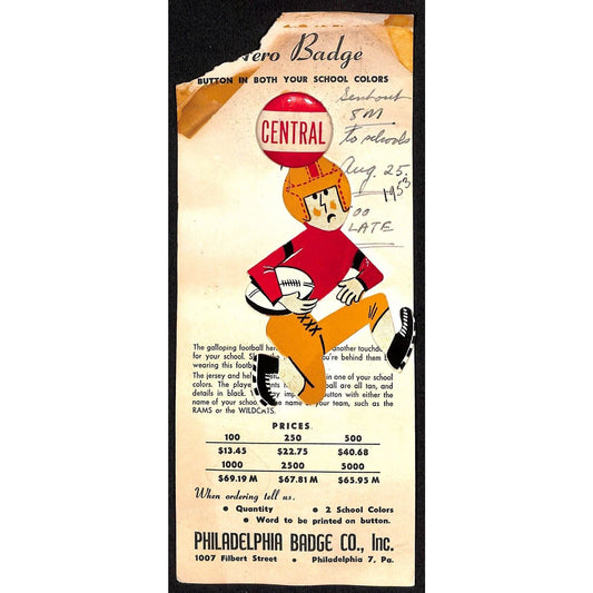 1953 School Football Pinback on Phila. Badge Co. Catalog Salesman's Sample Card