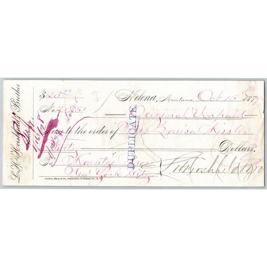 Helena Montana L.H. Hershfield Brothers 1878 Bank Check w/ Affixed Rev. Stamp