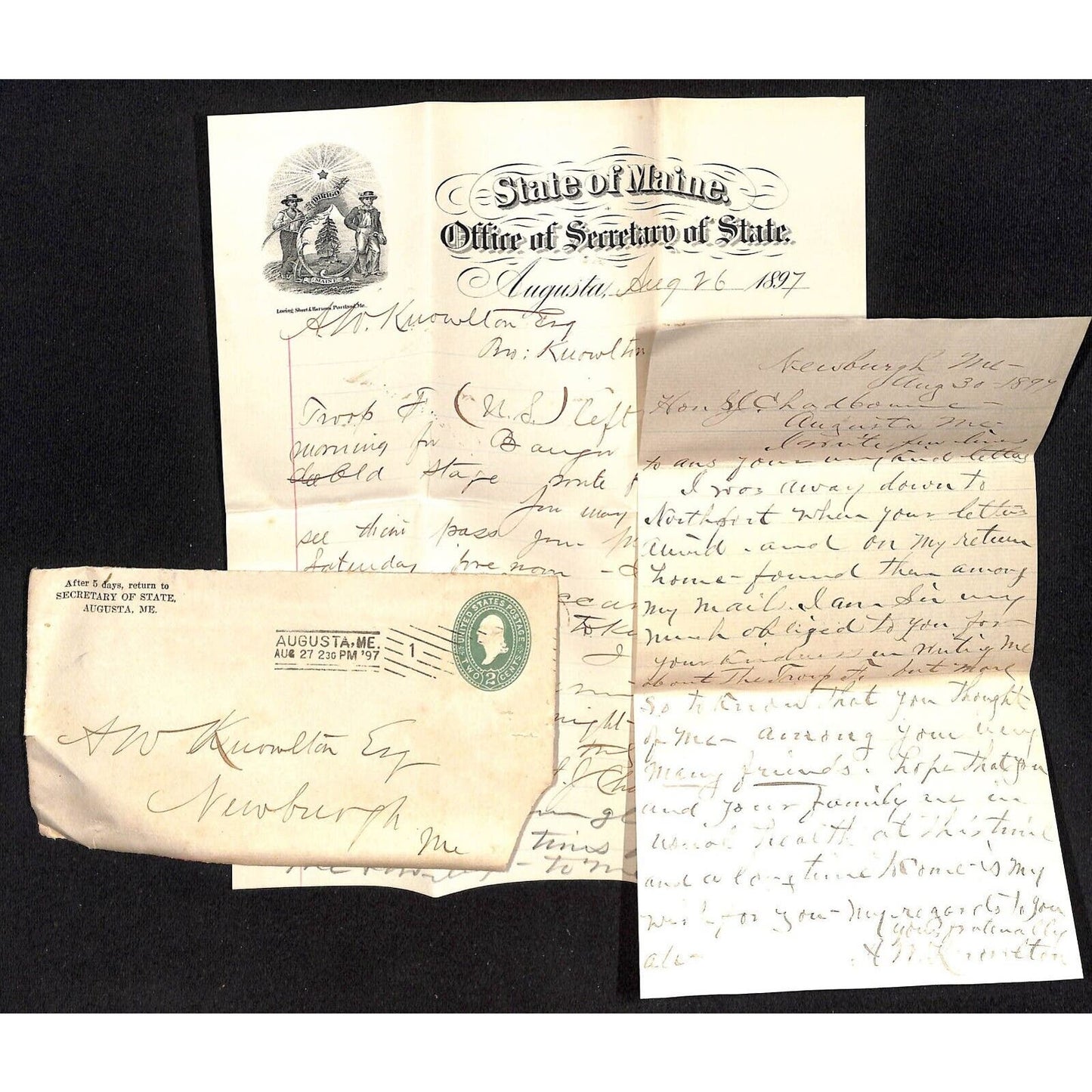 Bangor & Newburg, ME Amos W. Knowlton* 1897 Secretary of State Letterhead & ALS