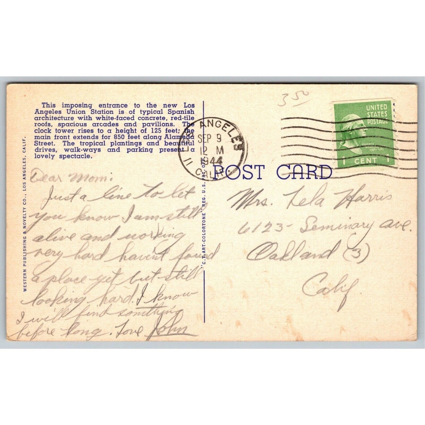 Main Entrance, Union Station Los Angeles Linen Postcard 1944 PM VGC