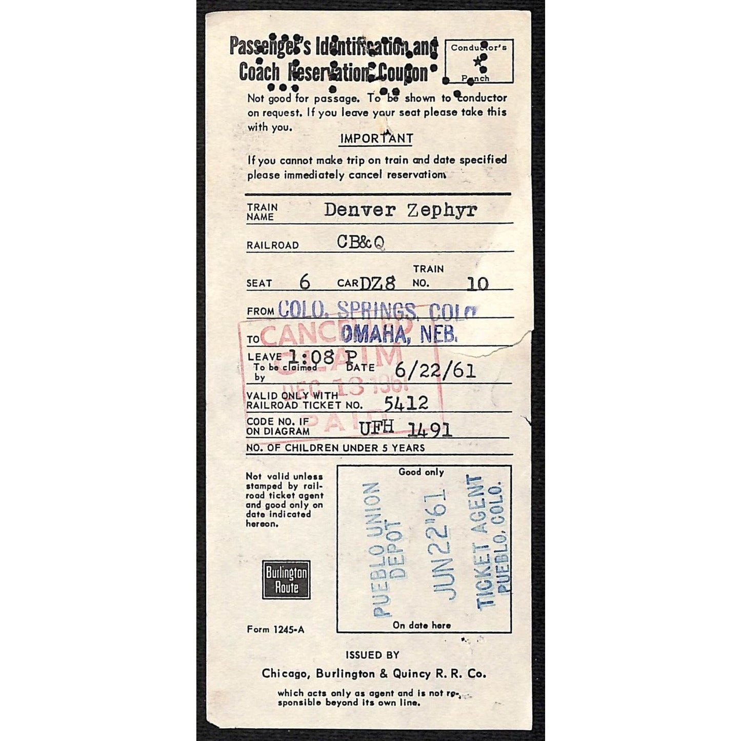 1961 Chicago, Burlington & Quincy Railroad ID and Coach Reservation Coupon