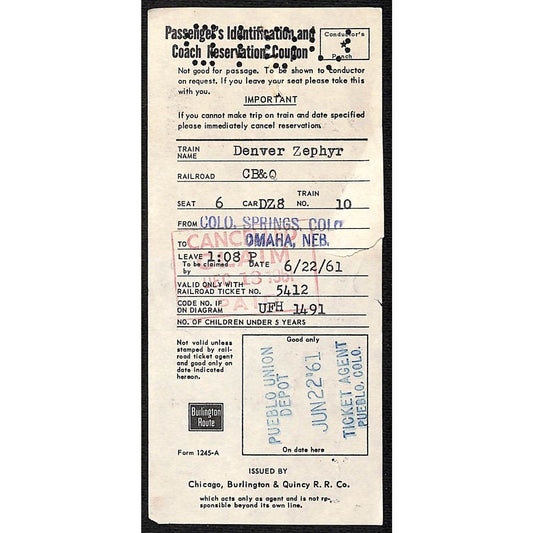 1961 Chicago, Burlington & Quincy Railroad ID and Coach Reservation Coupon